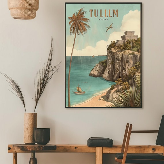 Vintage Tullum Mexico Travel Poster with Mayan Ruins Beach Scene