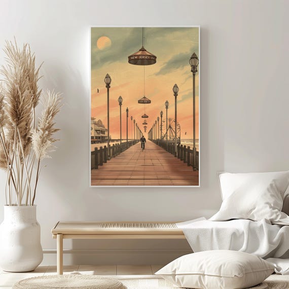 Vintage Travel Poster New Jersey Pier Sunset Print Nostalgic Art Boardwalk Evening Decormatte Wall Home Office Decoration