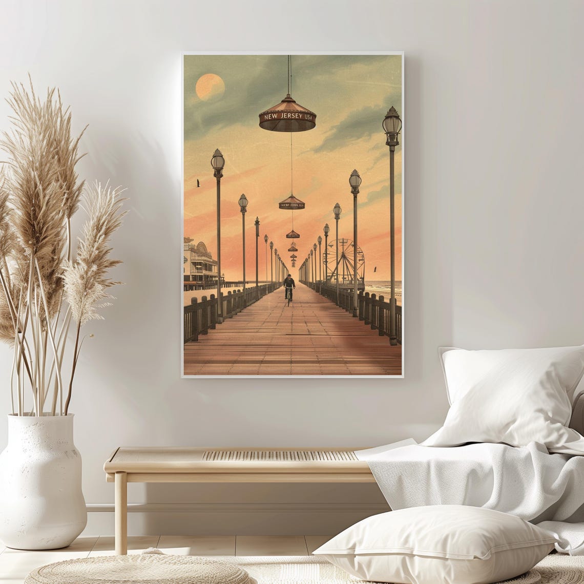 New Jersey Pier Sunset Vintage Boardwalk Ferris Wheel Nostalgia Poster