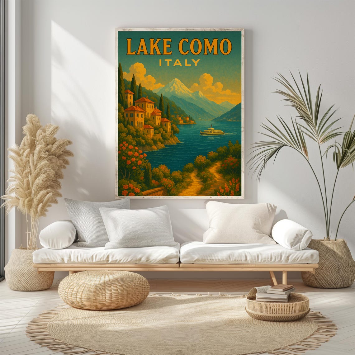 Lake Como Italy Villas and Boat in a Vintage Alpine Travel Poster