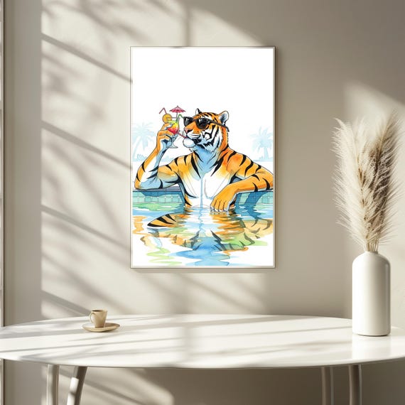Tiger Cocktail Matte Vertical Print Funny Animal Wall Art Poolside Decor Stylish Sunglasses Wild Attitude Poster Playful Summer