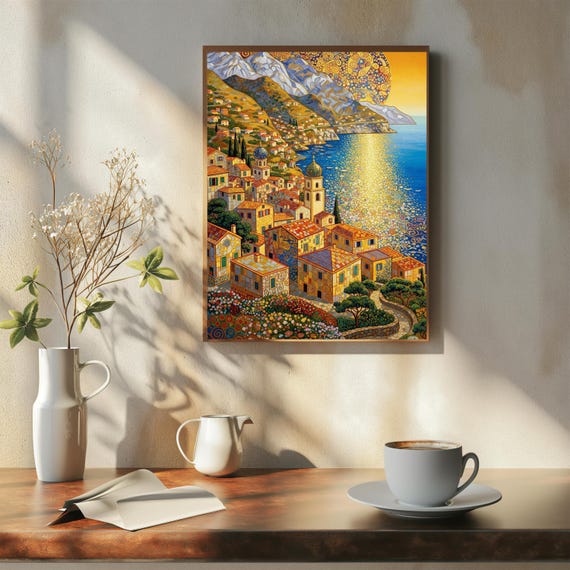 Klimt Style Amalfi Coast Art Print Golden Mediterranean Village Wall Decor Colorful Italy Landscape Poster Vibrant Prints