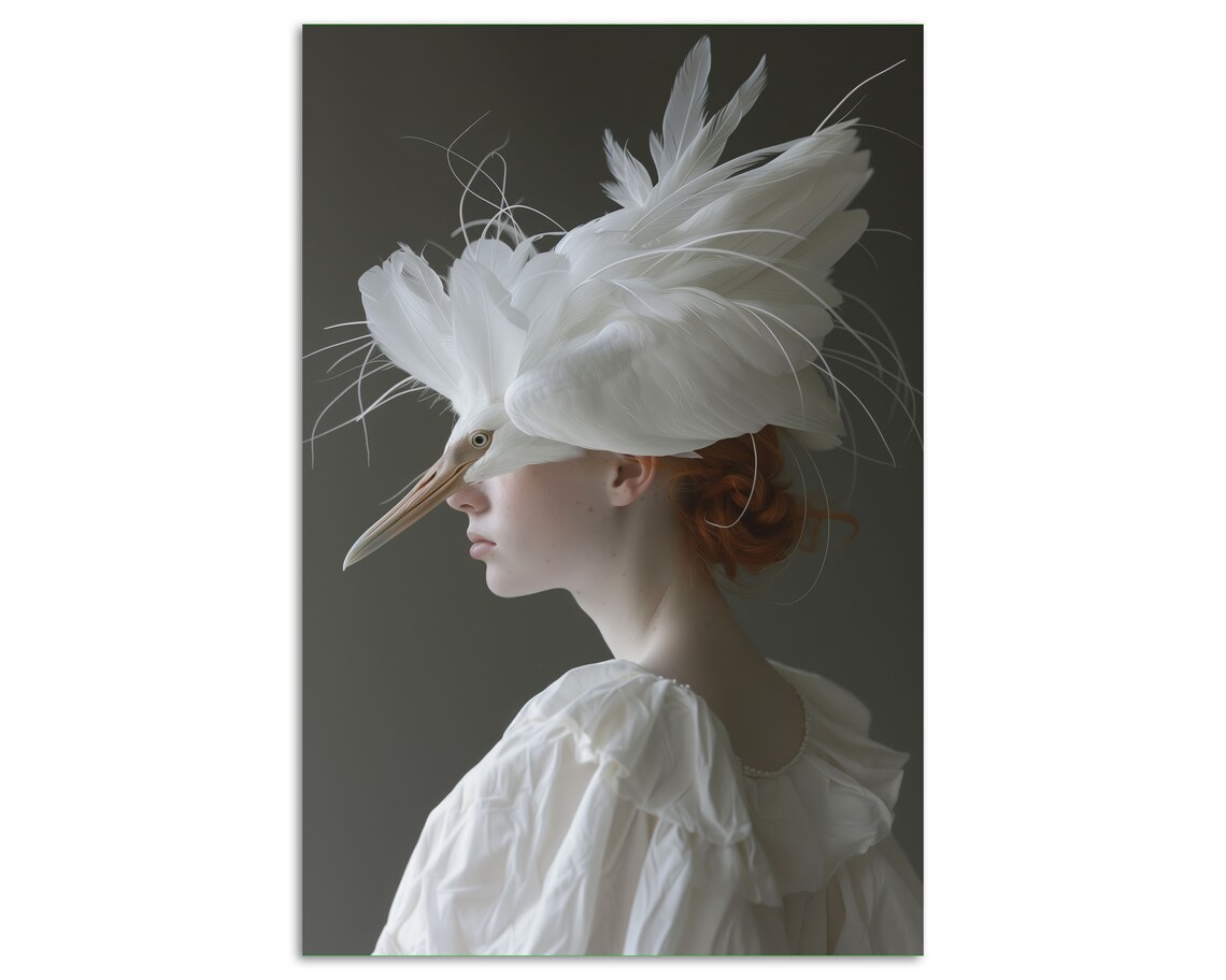Surreal Woman Portrait Egret Feather Headdress Fashion Wall Art - Image 3