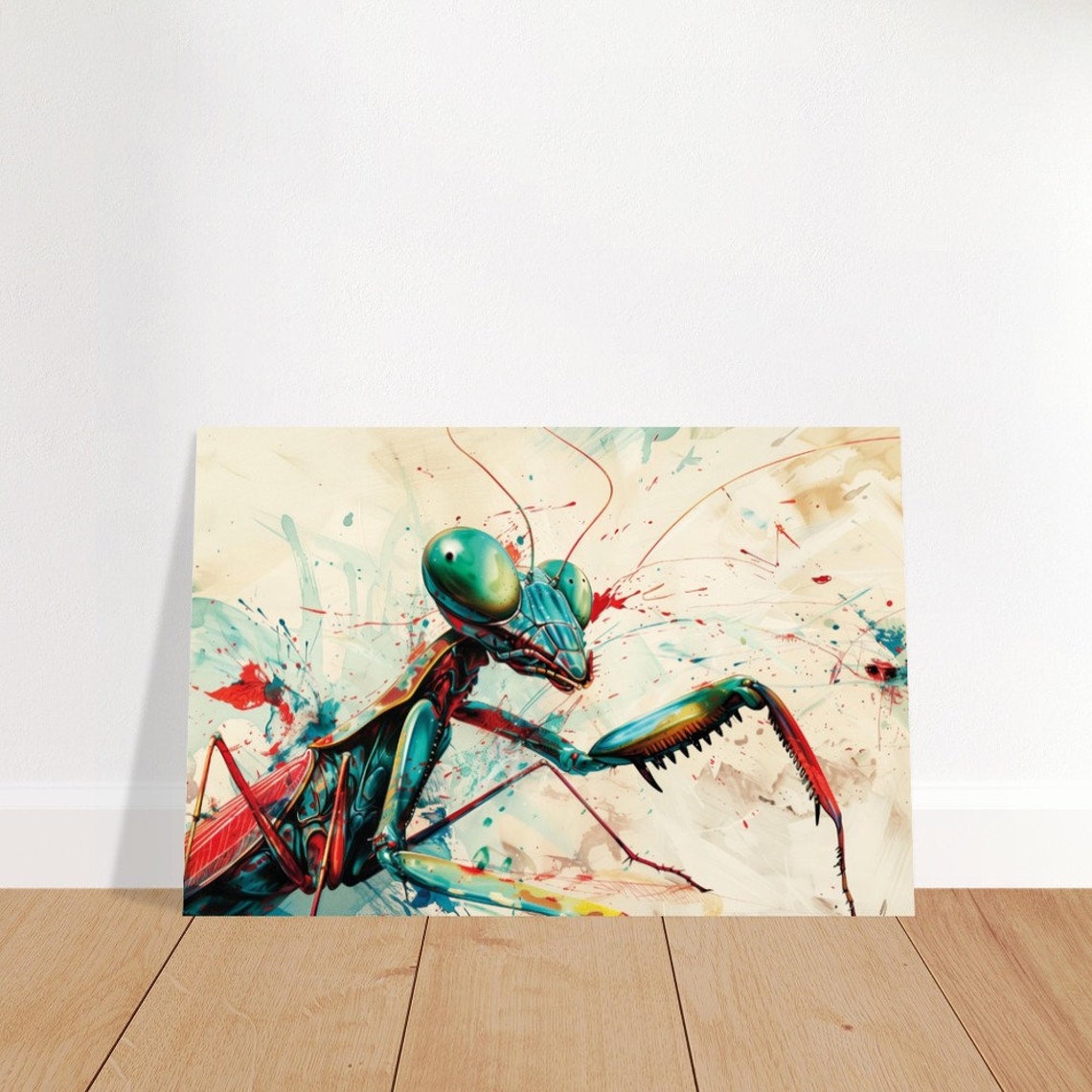 Microcosm Praying Mantis Macro Painting Vibrant Teal Red Splash Poster - Image 4