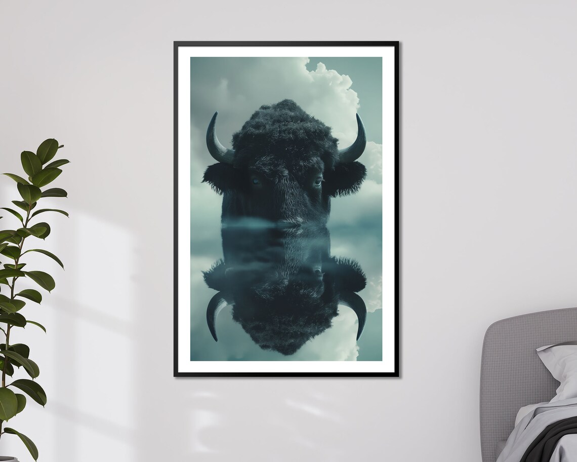 Majestic Bison Buffalo Portrait Water Reflection Double Exposure Poster - Image 5