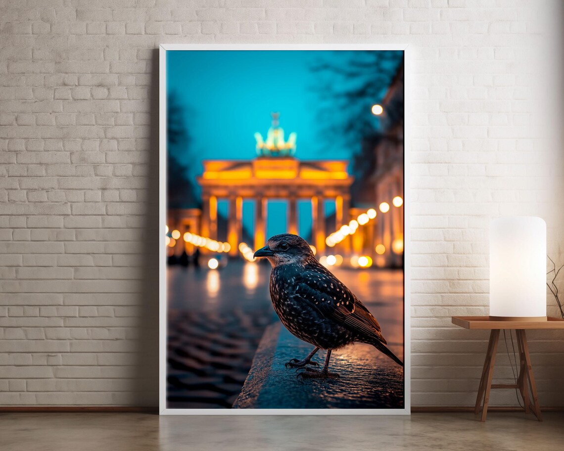 Berlin Brandenburg Gate Night Lights Starling Bird City Photo Poster