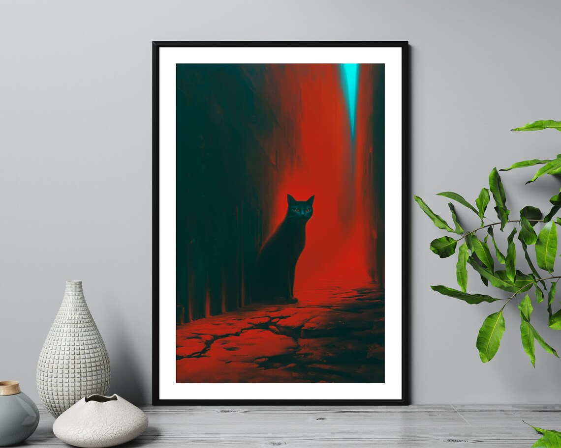 Black Cat In Red Lit Alley Surreal Mystery Cat Lover Art Poster - Image 5