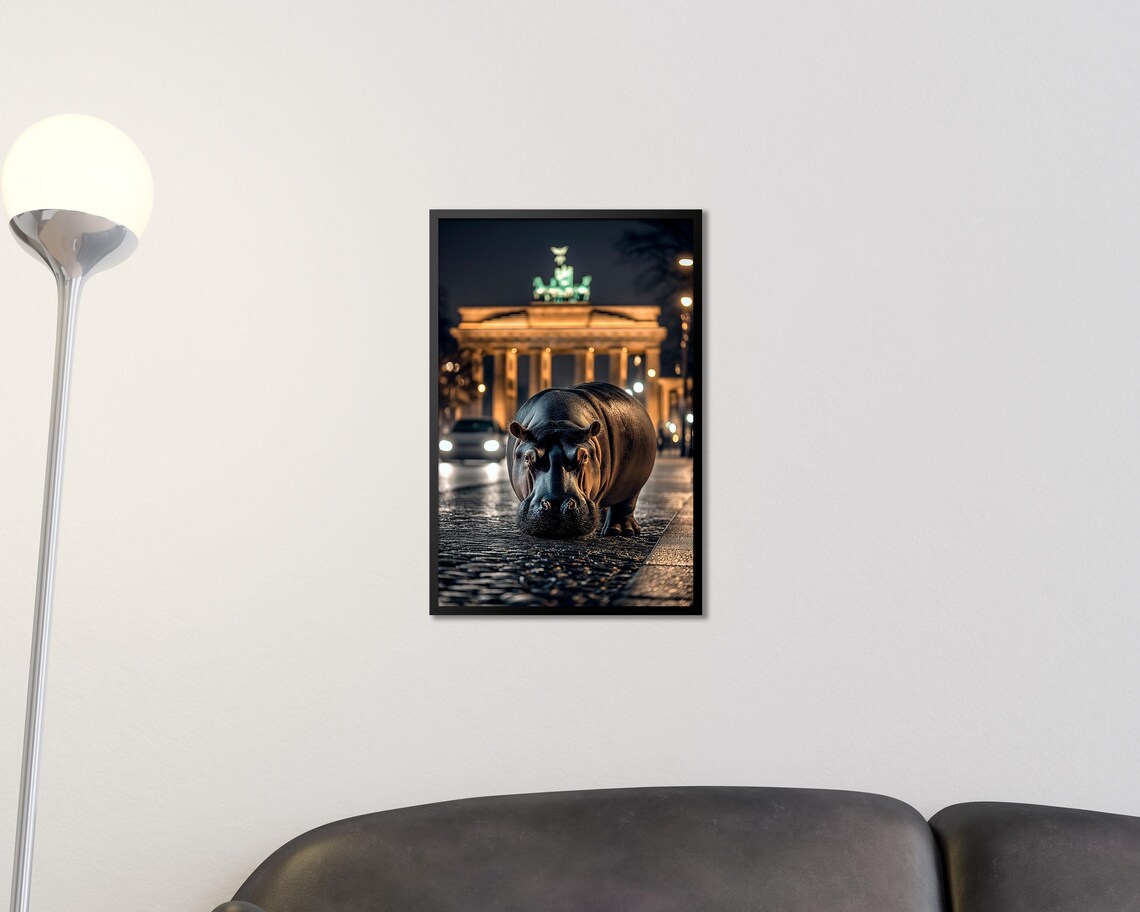Hippo on Cobblestone Street Berlin Night Brandenburg Gate Wall Art - Image 2