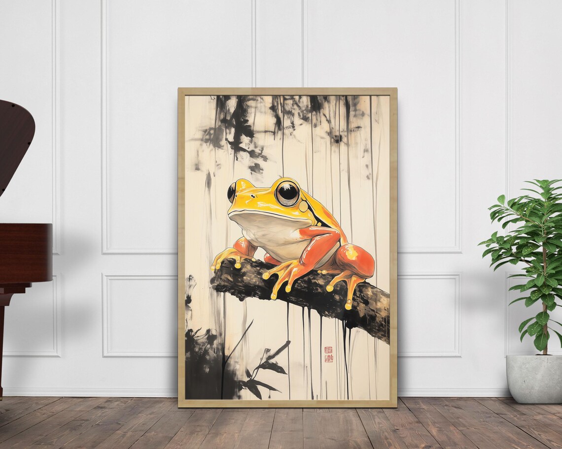 Japanese Sumi E Style Yellow Frog on Branch Ink Wash Wall Art