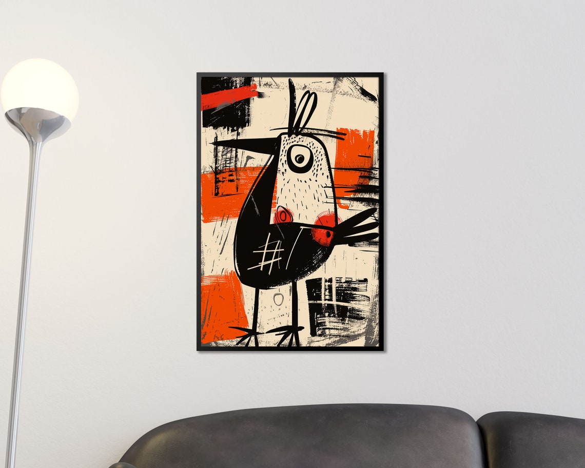 Abstract Long Beak Bird Black Cream Orange Modern Art Bird Print