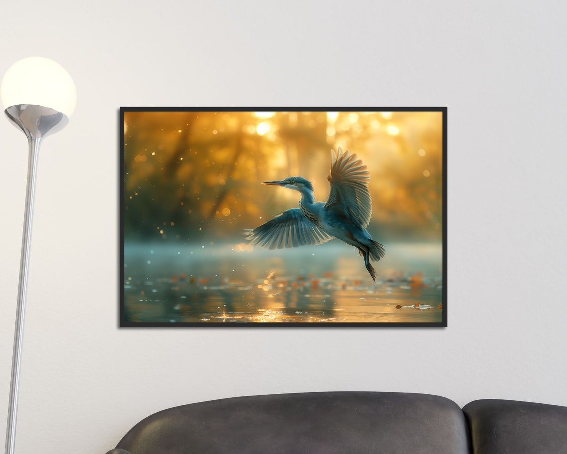 Grey Heron Flying Over Golden Sunset Water Wildlife Wall Art Print - Image 3