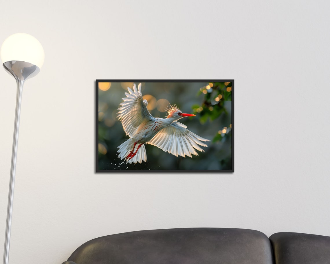 Crested Ibis Flying In Golden Light White Bird Wildlife Art Print - Image 2