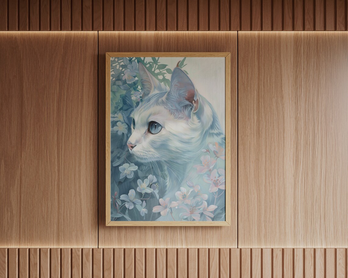 Elegant White Cat Among Blue Moonflowers Serene Floral Feline Art Print - Image 4