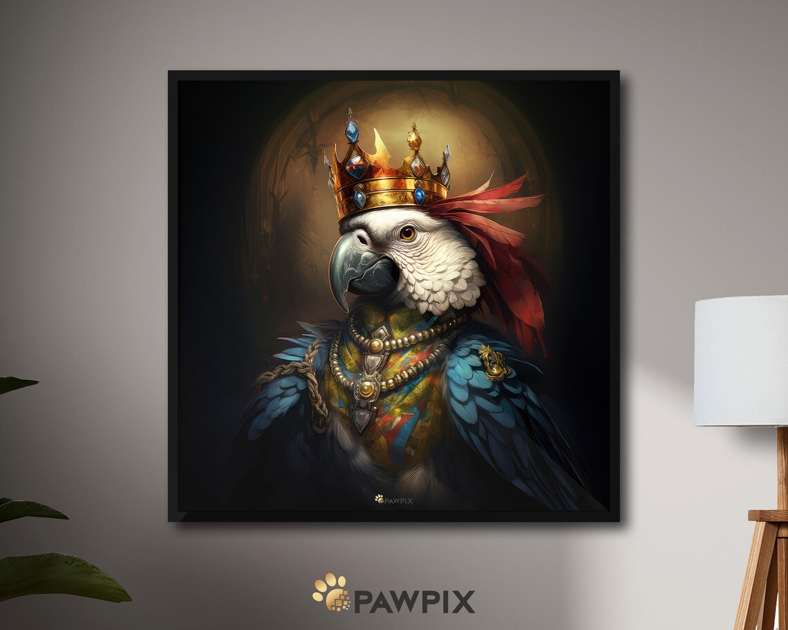 Royal Parrot King Wearing Crown Golden Portrait Baroque Wall Art