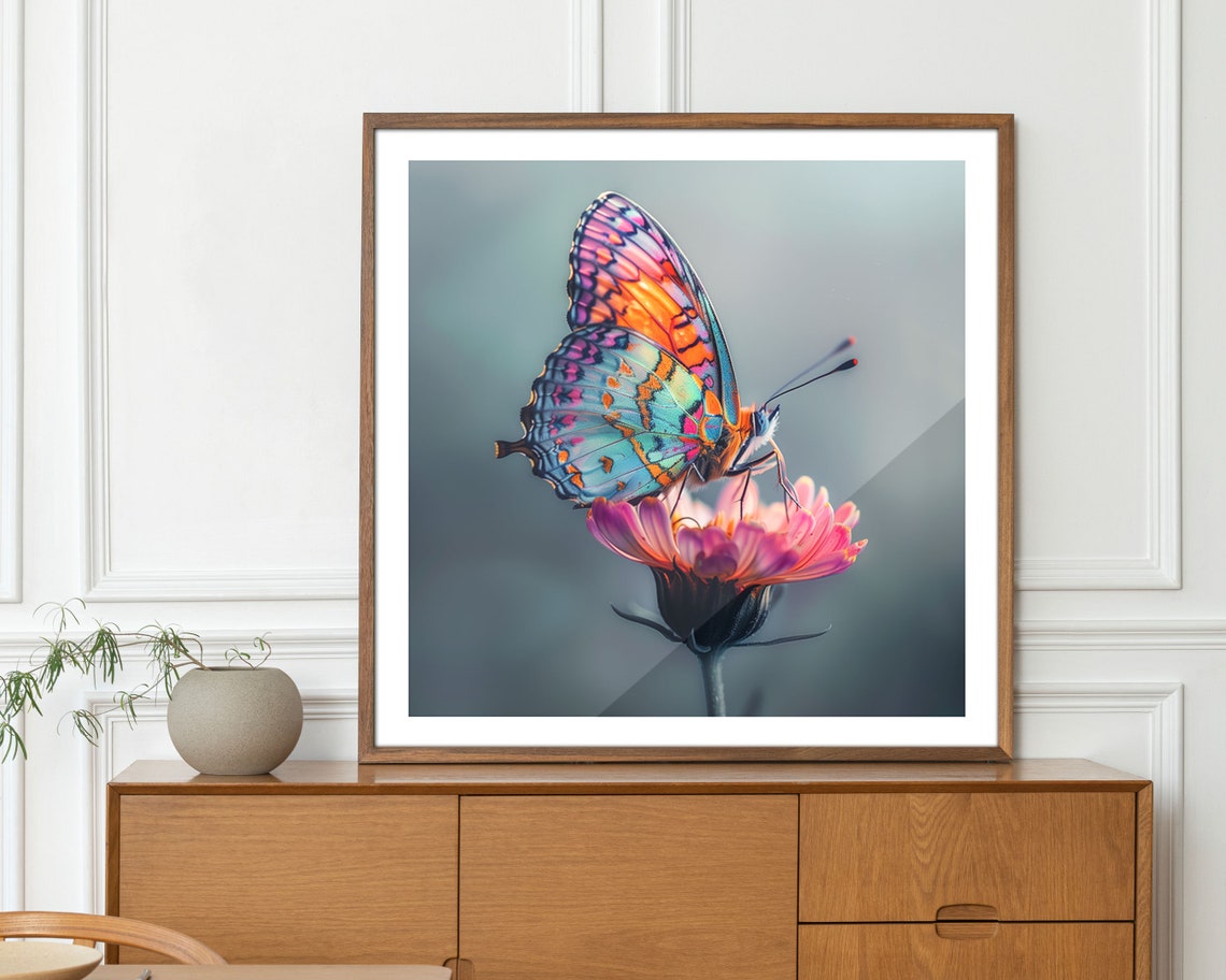 Multicolor Butterfly Resting On Pink Flower Macro Photo Wall Art