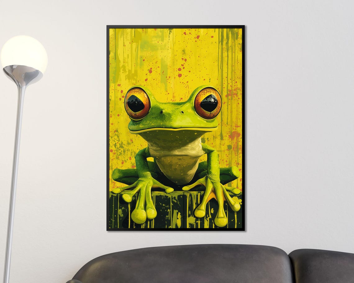 Lime Green Tree Frog Pop Art Style Bright Yellow Splatter Wall Art - Image 4