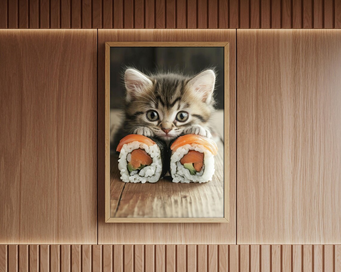 Tabby Kitten Behind Sushi Rolls Cute Foodie Kitchen Art Poster - Image 6