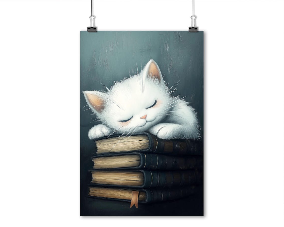 Sleeping White Kitten on Stack of Books Cozy Reading Wall Art - Image 8