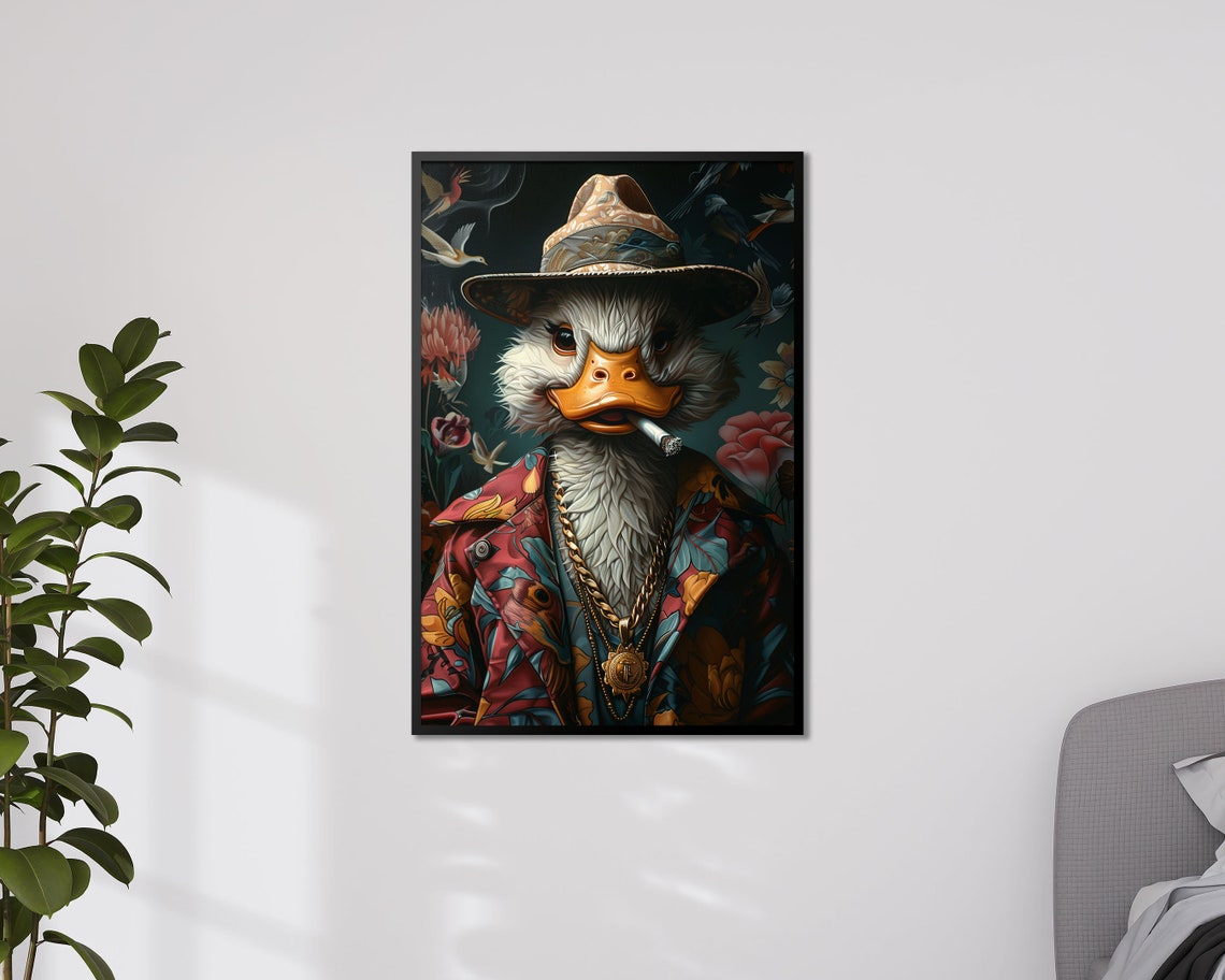 Dapper Duck In Floral Suit Fedora Gold Chains Funny Bird Wall Art - Image 4