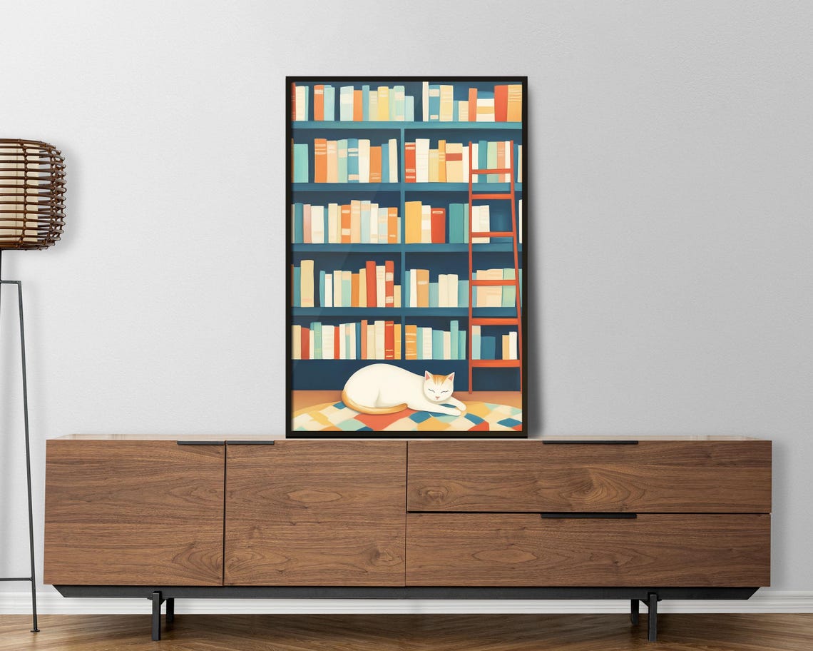 Sleeping Cat In Front Of Colorful Bookshelf Cozy Library Art Poster - Image 5