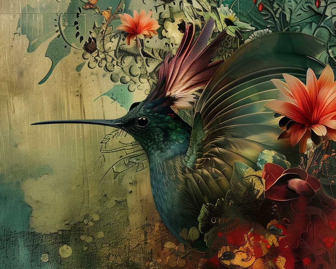 Bohemian Hummingbird Among Flowers Painterly Bird Wall Art Print - Image 3