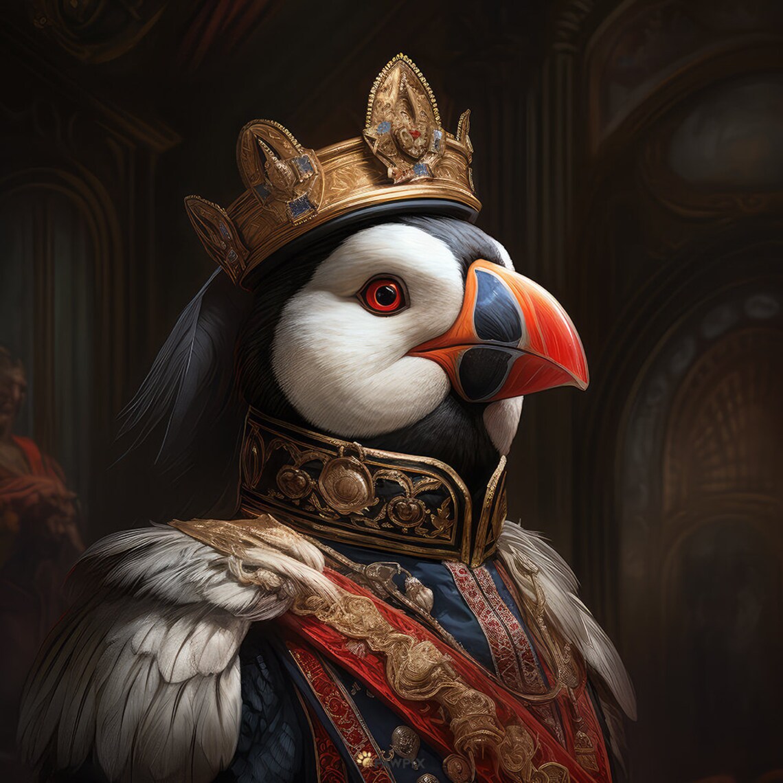 Royal Puffin In Gold Crown Regal Seabird Portrait Wall Art Poster - Image 4