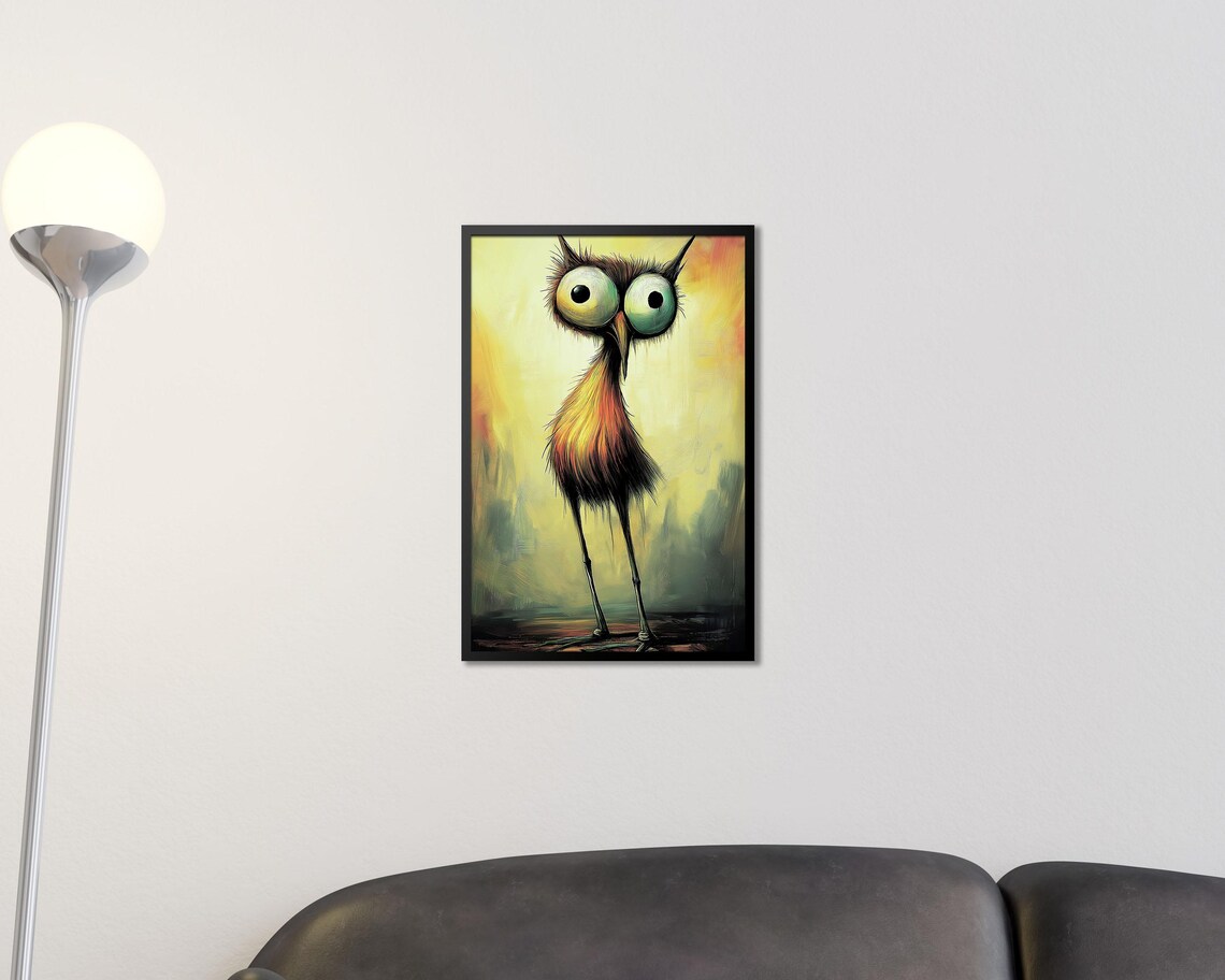 Quirky Big Eyed Bird Whimsical Yellow Painting Funny Animal Poster - Image 2