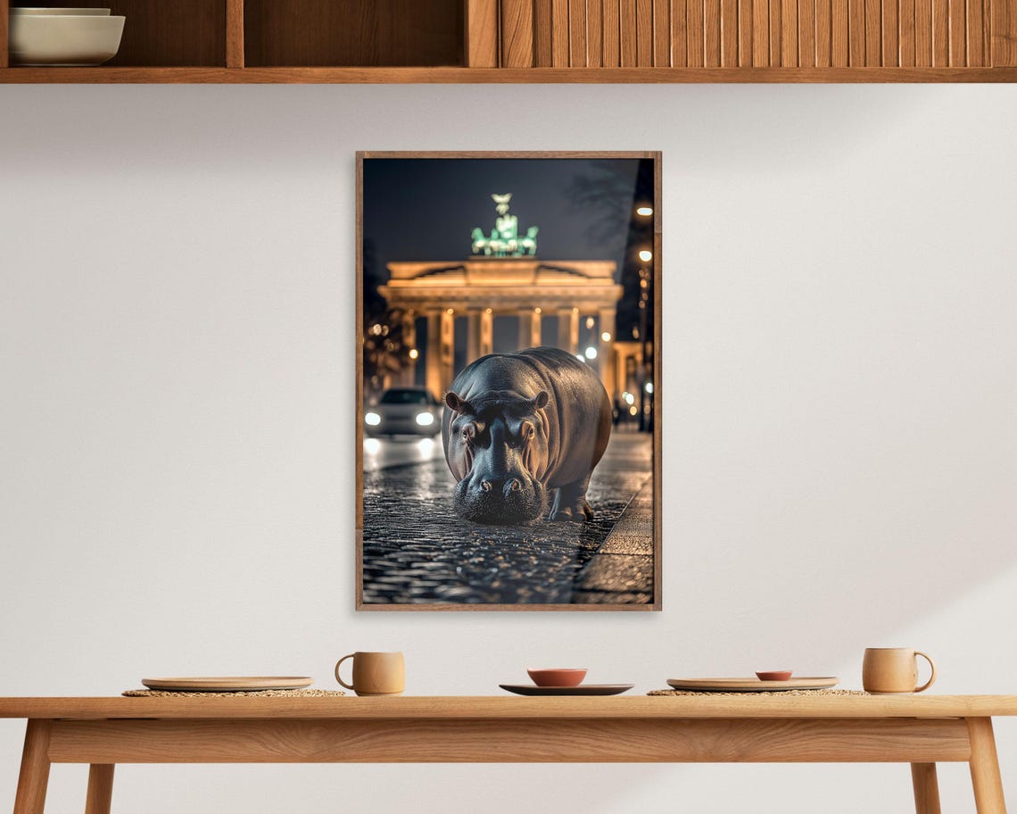 Hippo on Cobblestone Street Berlin Night Brandenburg Gate Wall Art - Image 5