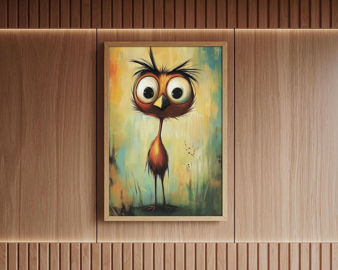 Crazy Big Eyed Bird Whimsical Colorful Abstract Painting Wall Art - Image 4