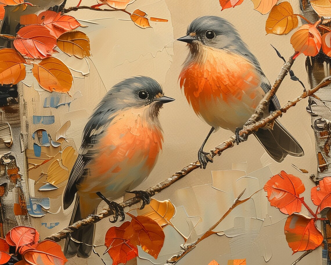 Three Songbirds On Autumn Branches Orange Leaves Oil Painting Print - Image 5