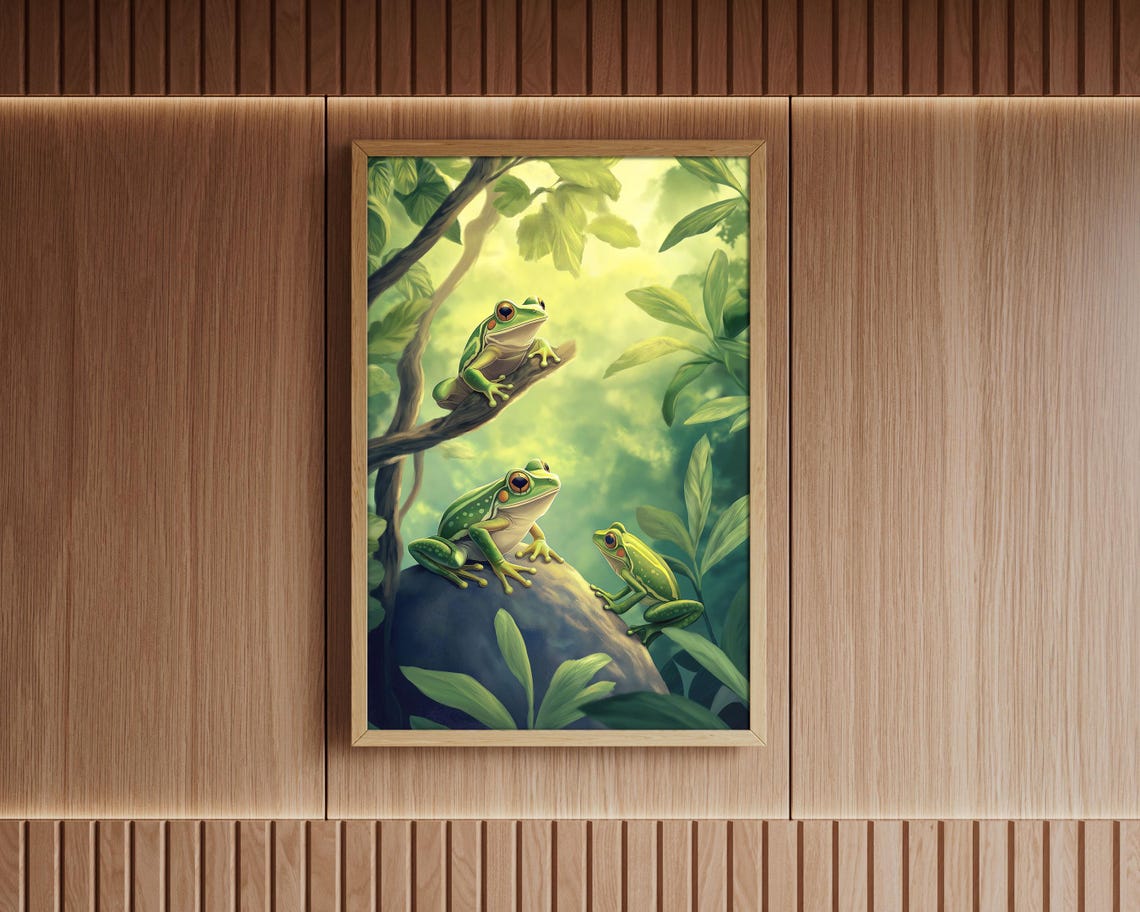 Three Green Tree Frogs in Sunlit Jungle Canopy Nature Wall Art - Image 6