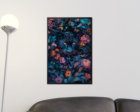 Enigmatic Black Panther In Tropical Flowers Mystical Jungle Cat Art Print