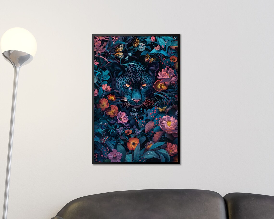 Enigmatic Black Panther In Tropical Flowers Mystical Jungle Cat Art Print