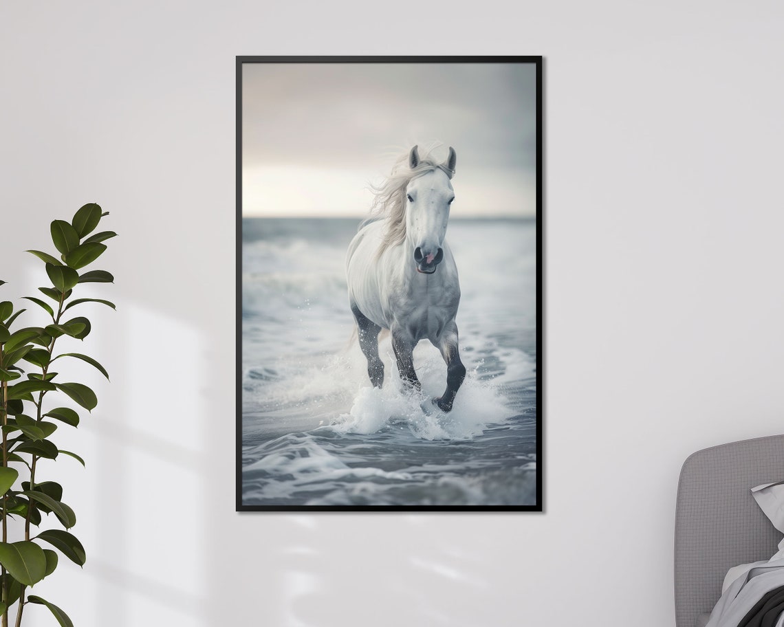 White Horse Galloping Through Ocean Waves Coastal Photo Art Poster
