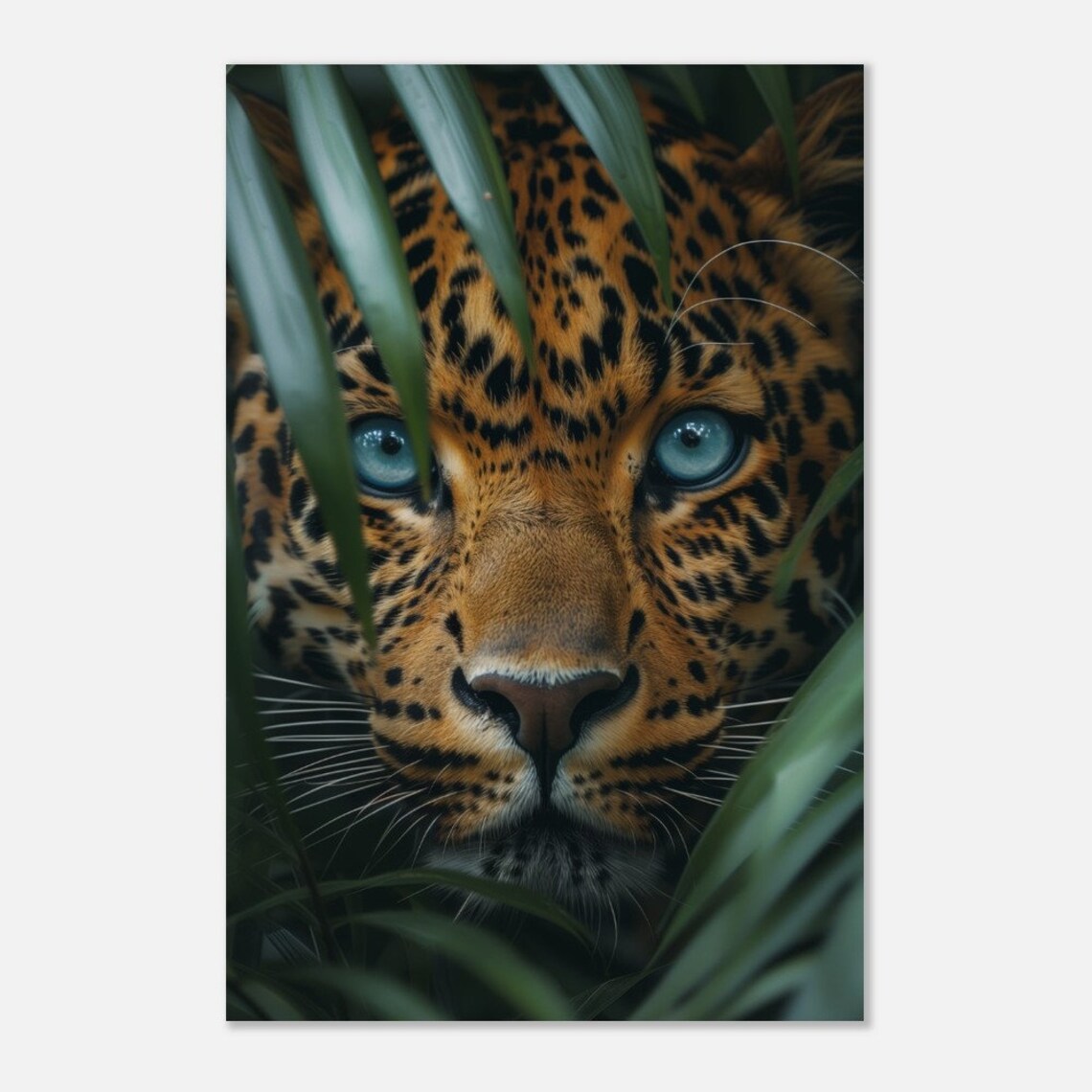 Leopard Face Close-Up Blue Eyes Jungle Leaves Wildlife Poster - Image 3