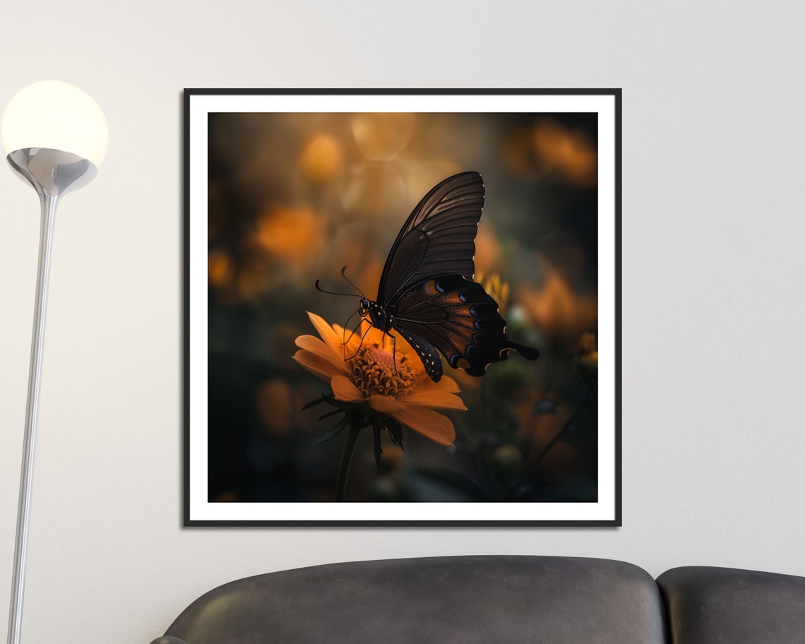 Black Butterfly On Orange Flower Moody Golden Bokeh Nature Poster - Image 5