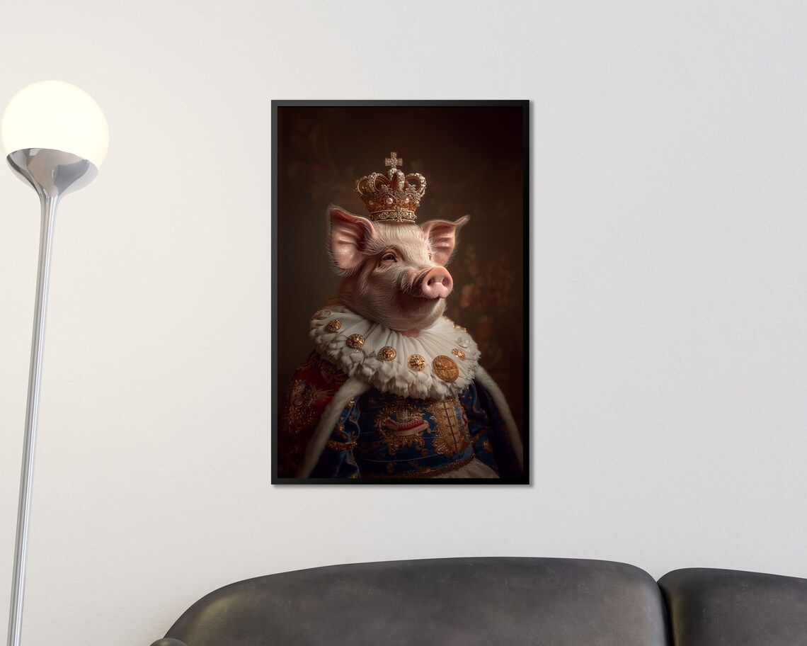 Royal Pig In Gold Crown Ruff Regal Portrait Wall Art Print Poster