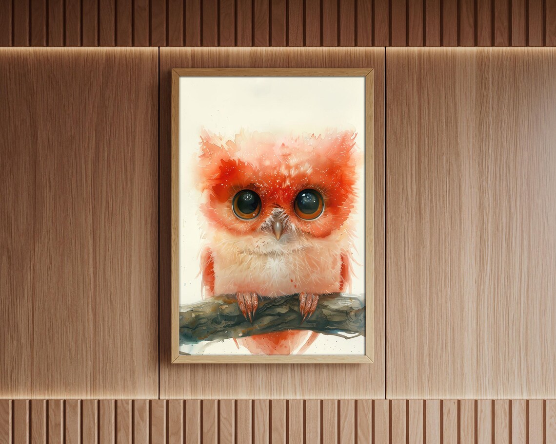 Fluffy Coral Owl Baby Watercolor Branch Cute Nursery Wall Art - Image 7