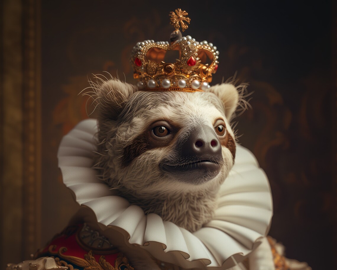 Royal Sloth In Gold Crown Ruff Collar Regal Portrait Wall Art Poster - Image 5