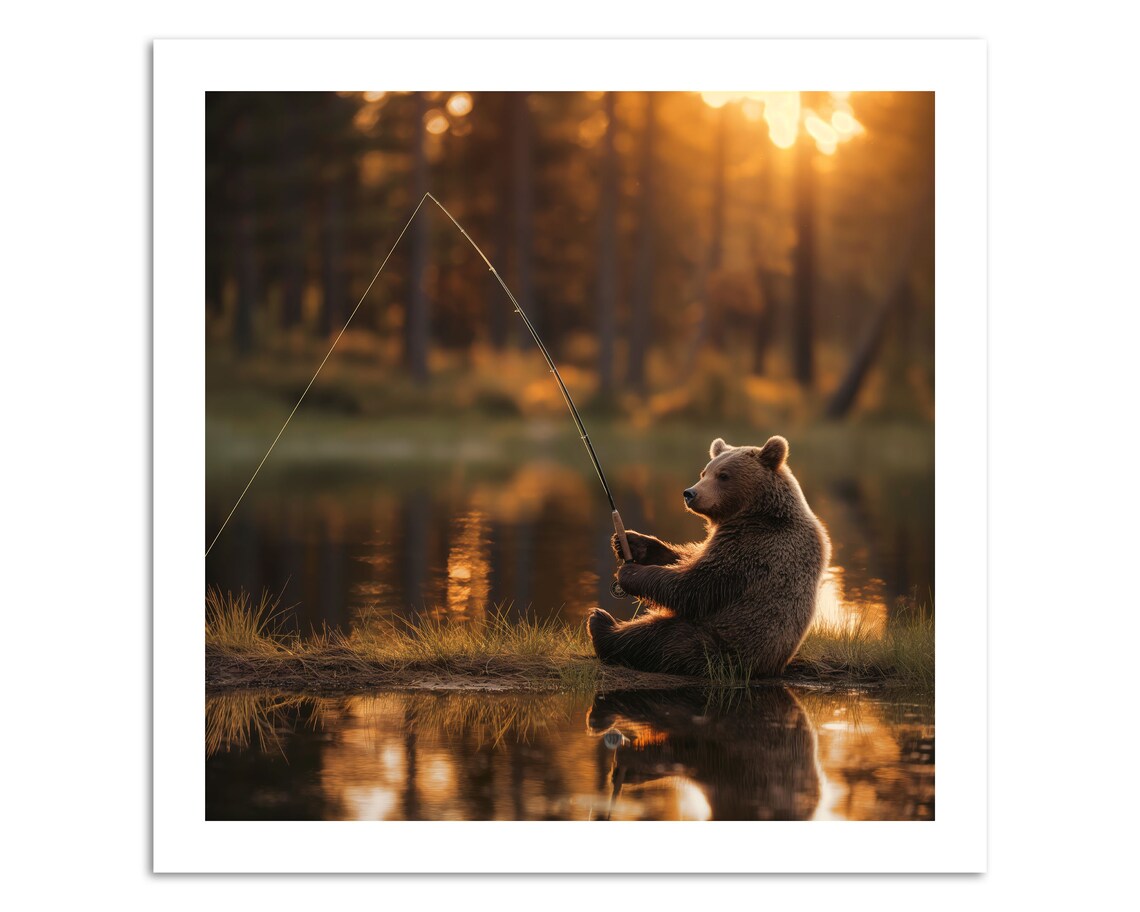 Cute Brown Bear Fishing At Lake Sunset Golden Hour Humorous Animal Poster - Image 3