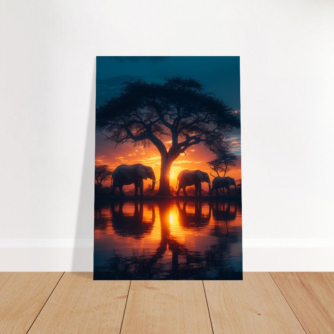 African Elephants Sunset Acacia Tree Reflection Safari Wall Art - Image 4