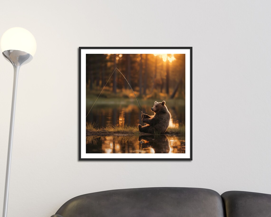 Cute Brown Bear Fishing At Lake Sunset Golden Hour Humorous Animal Poster - Image 4