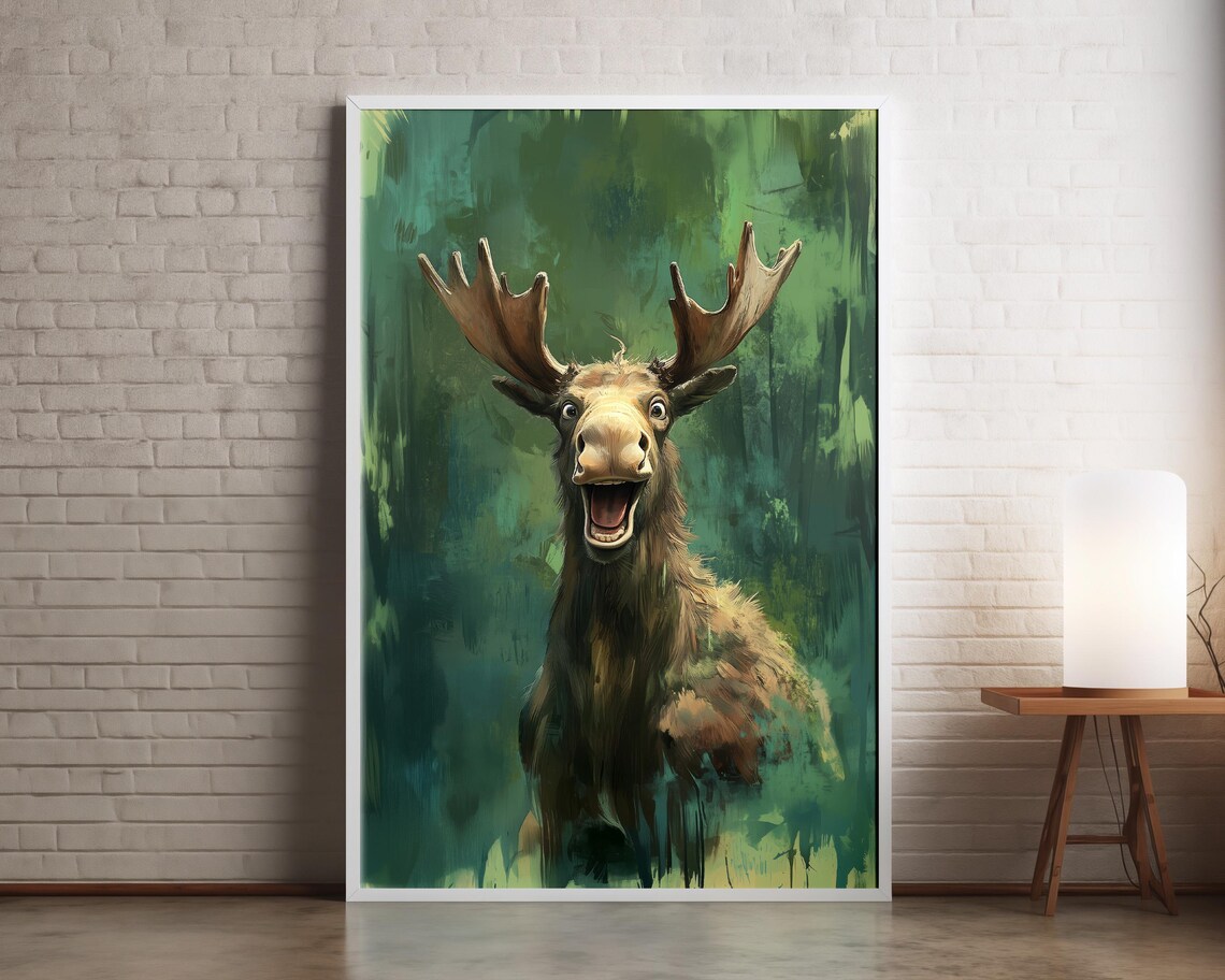 Laughing Moose Happy Wild Forest Animal Painting Green Canvas Poster