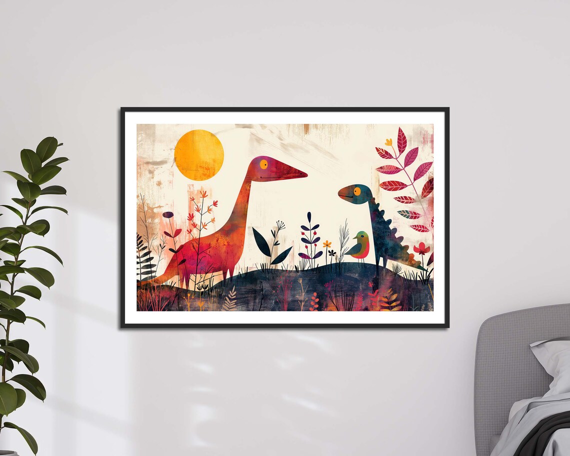 Whimsical Dinosaurs Under The Sun Colorful Nursery Kids Wall Art Print - Image 2