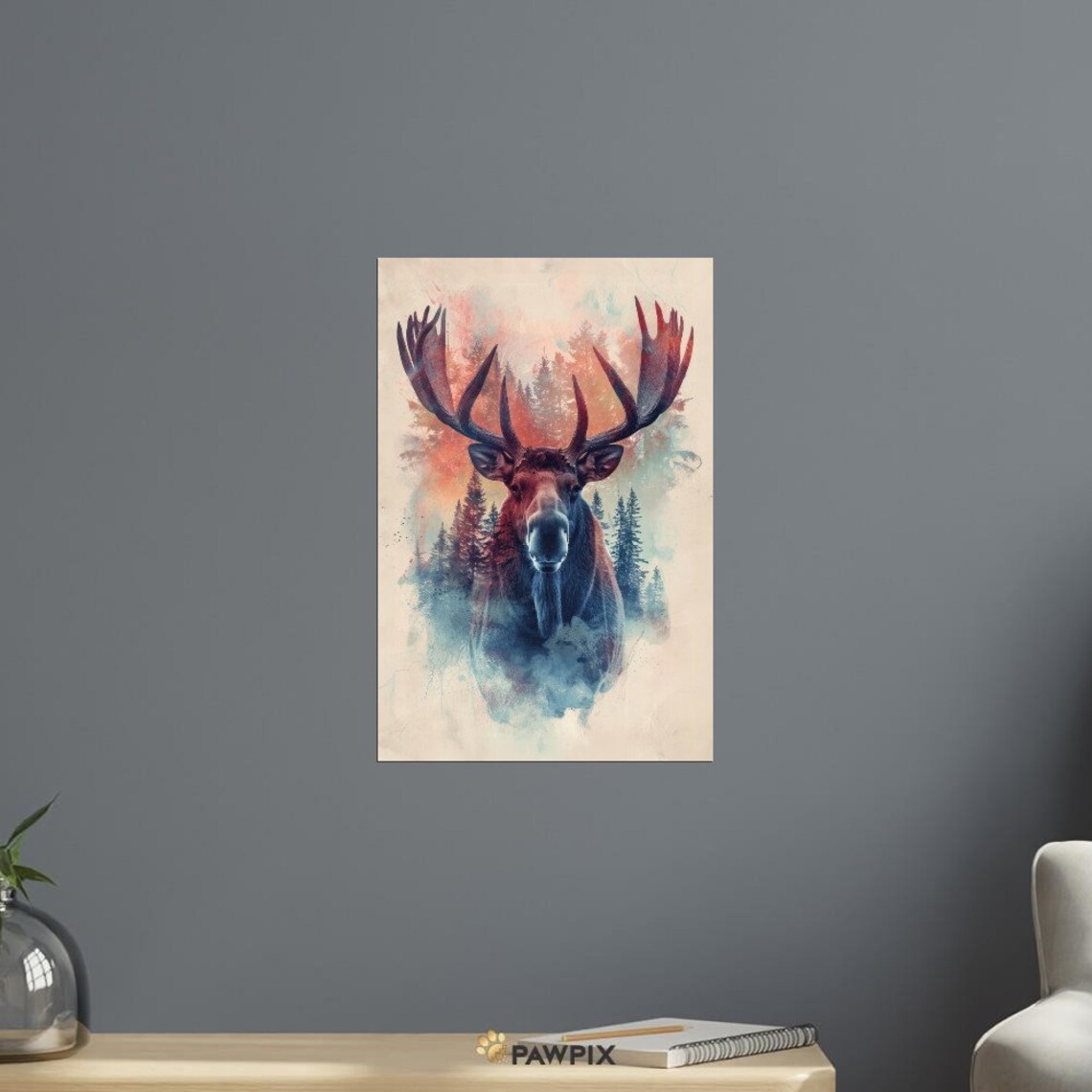 Majestic Moose Forest Watercolor Double Exposure Rustic Wildlife Art Poster - Image 2