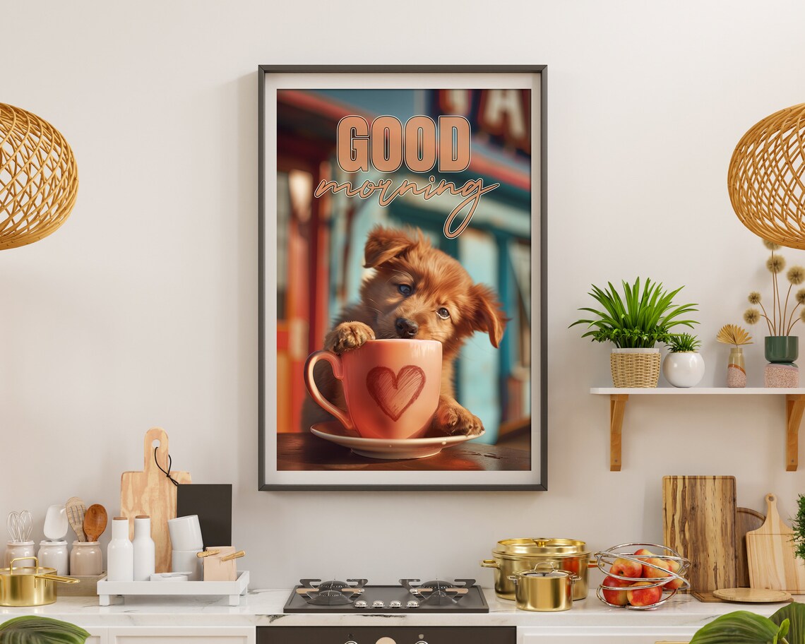 Good Morning Puppy Coffee Heart Cup Cute Kitchen Dog Wall Art