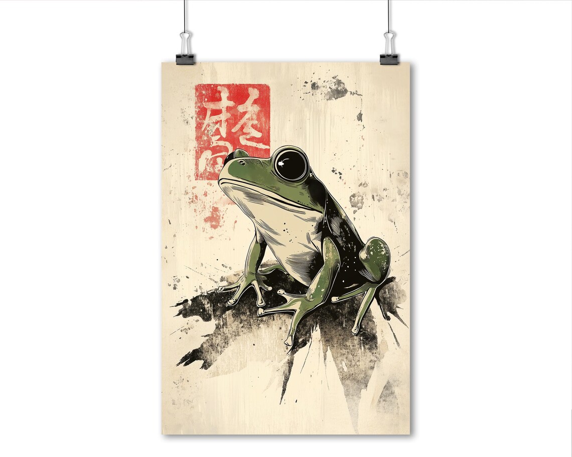 Japanese Woodblock Style Green Tree Frog Red Seal Stamp Wall Art - Image 6
