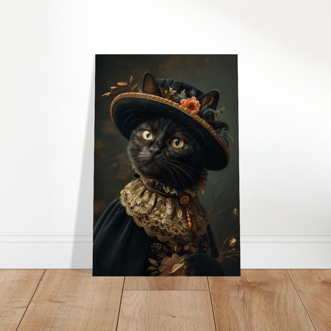 Regal Black Cat Victorian Floral Hat Dark Academia Feline Wall Art - Image 4