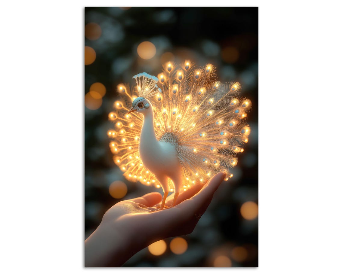 Glowing White Peacock in Hand Golden Feathers Magic Bird Art Poster - Image 5