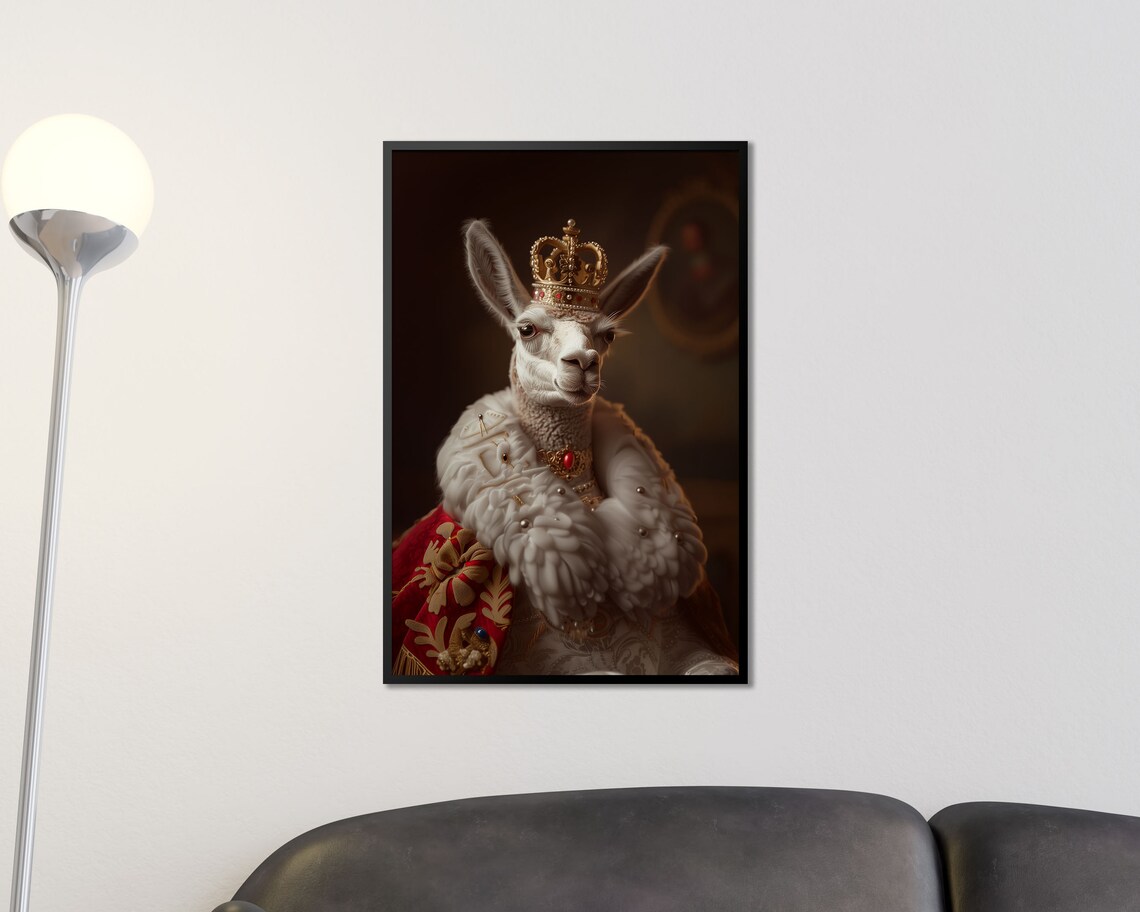 Royal Llama In Gold Crown Red Velvet Robe Regal Animal Portrait Poster
